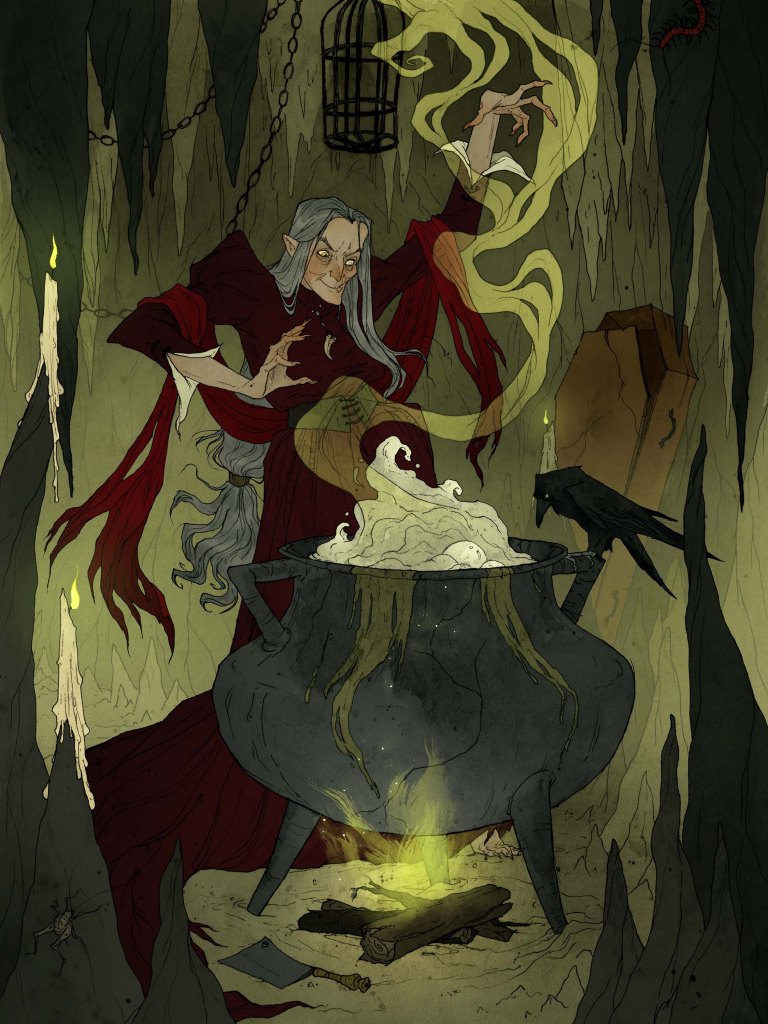 Inside a creepy old cave a crone conjures a chilling concoction in her cavernous cauldron